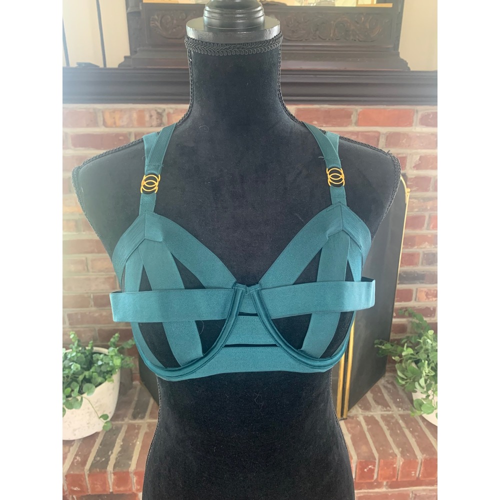 Victoria's Secret Luxe Lingerie  Unlined Cage Bra 32DD Teal  Strappy Bands NWOT